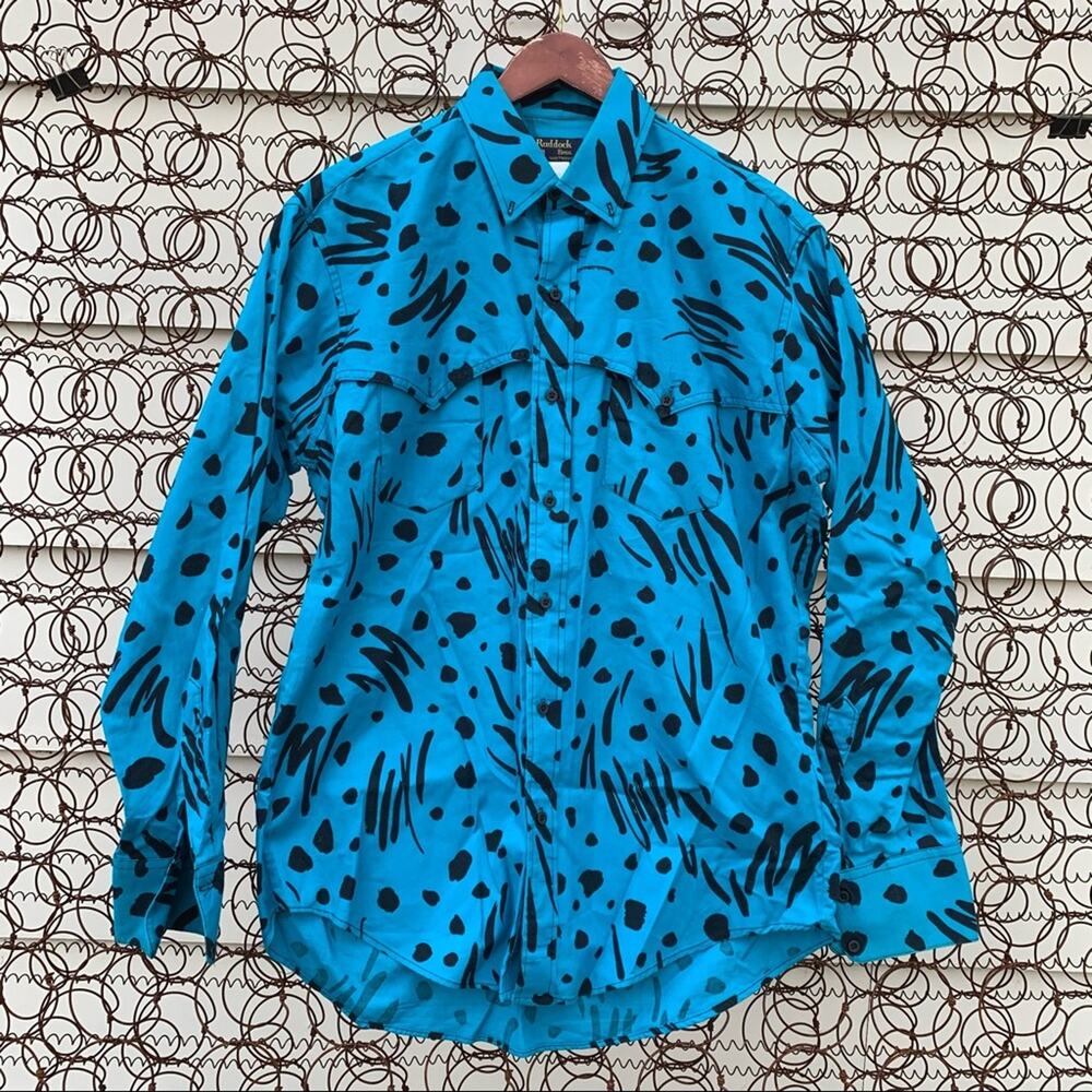VTG 90s Ruddock Bros bright teal black abstract long sleeve western rodeo shirt
